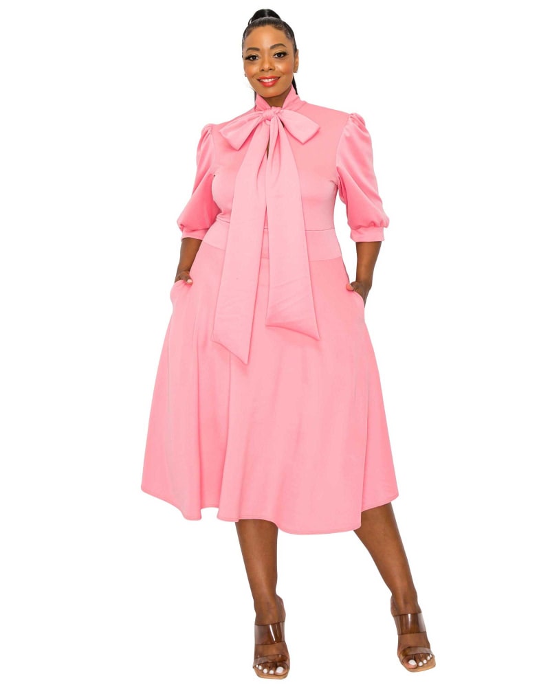 Front of a model wearing a size 1X Casey Scuba Flare Dress in Pink by L I V D. | dia_product_style_image_id:363706